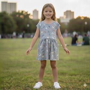 Joules Gray Dog Print Short Sleeve Fit & Flare Girls Dress 7 - 8